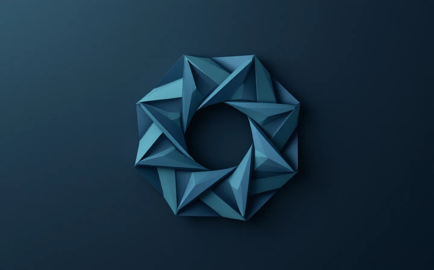 A folded-paper origami heptagon emblem of steel-blue faceted planes forming an abstract closed seven-node peptide ring with a single coral bridging crease, on a deep cool slate ground
